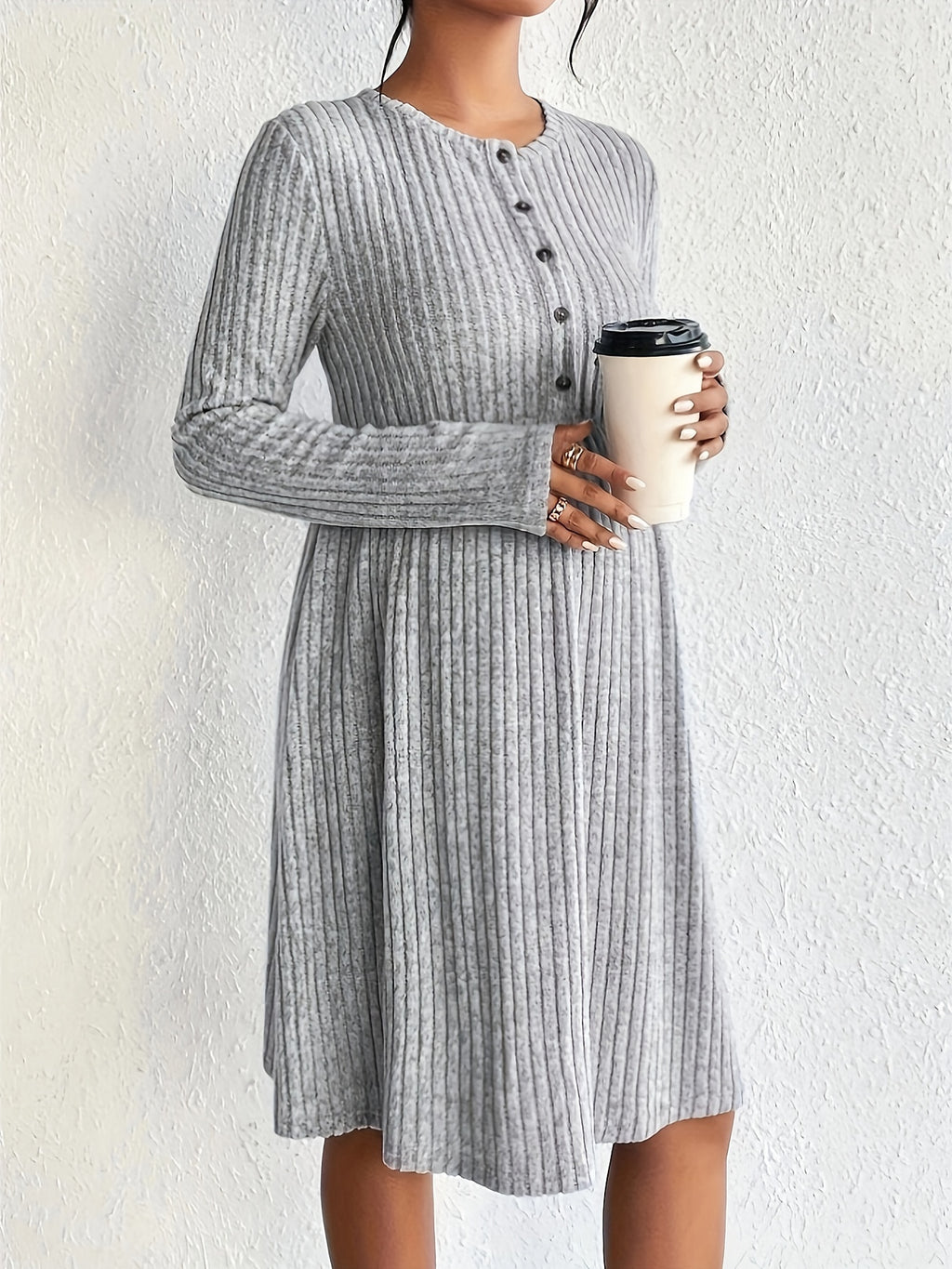 Maternity Dress: Long Sleeve, Ribbed Knit, A-line Skirt
