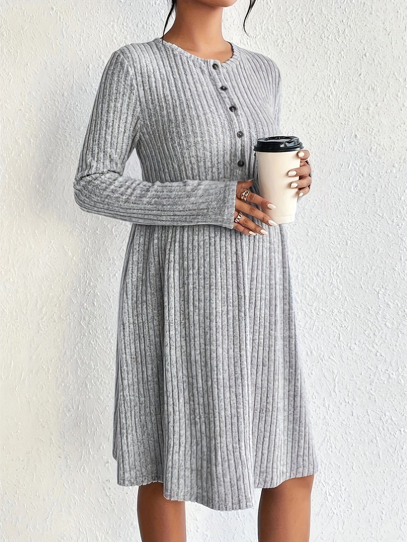 Maternity Dress: Long Sleeve, Ribbed Knit, A-line Skirt
