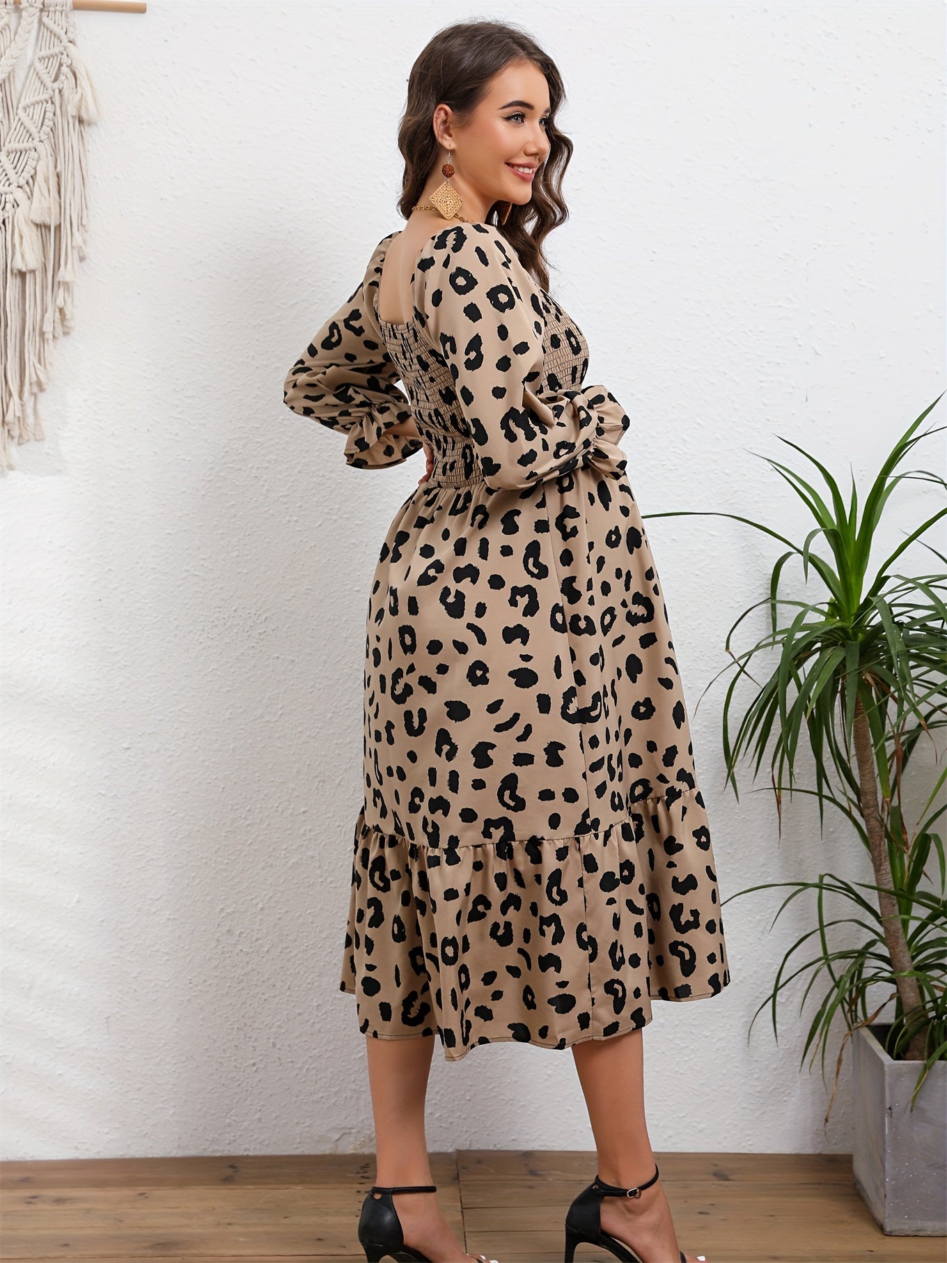 Elegant Leopard Print Maternity Dress - Square Neck