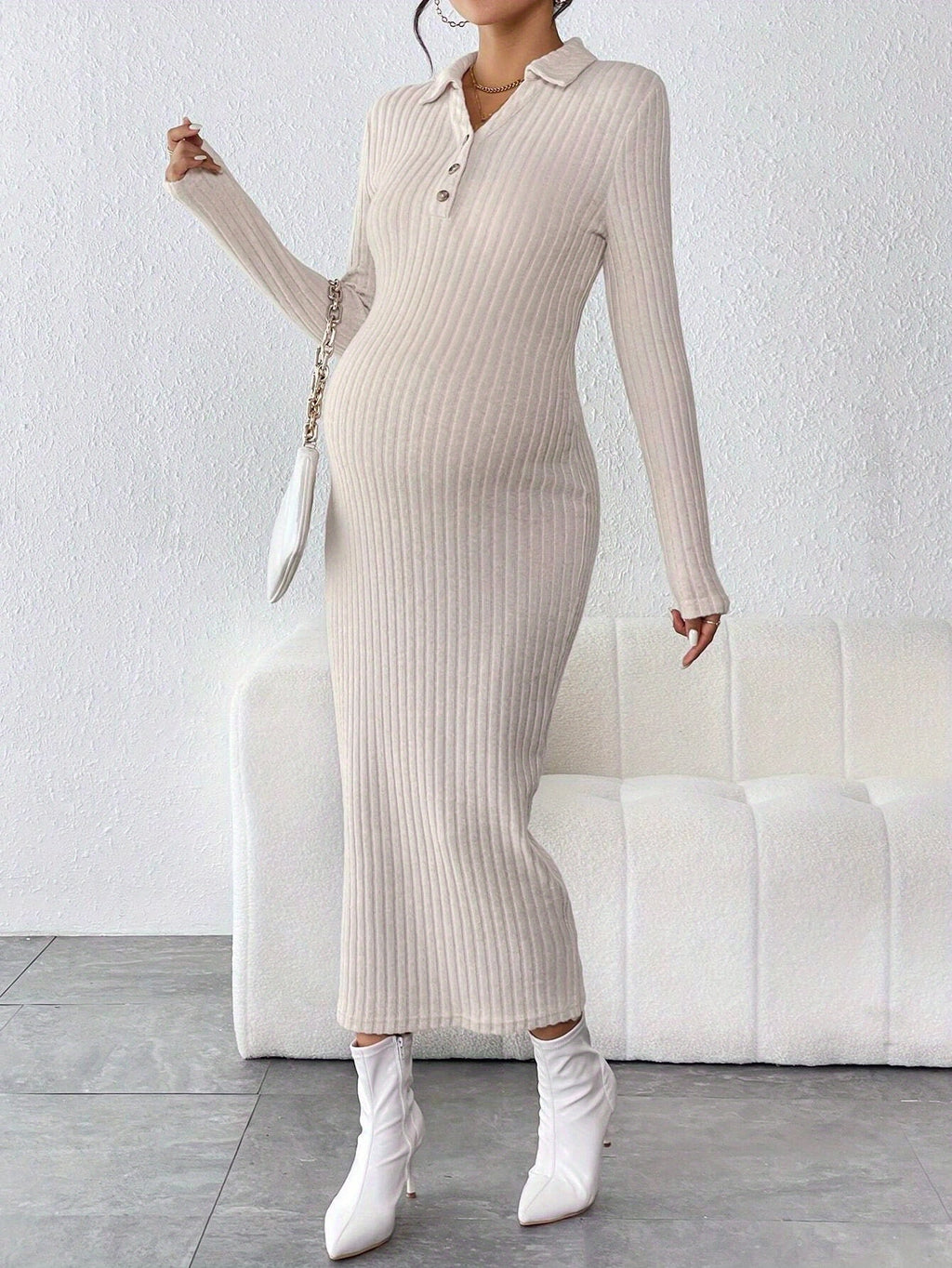 Elegant Ribbed Knit Bodycon Maternity Dress with Collar Detail