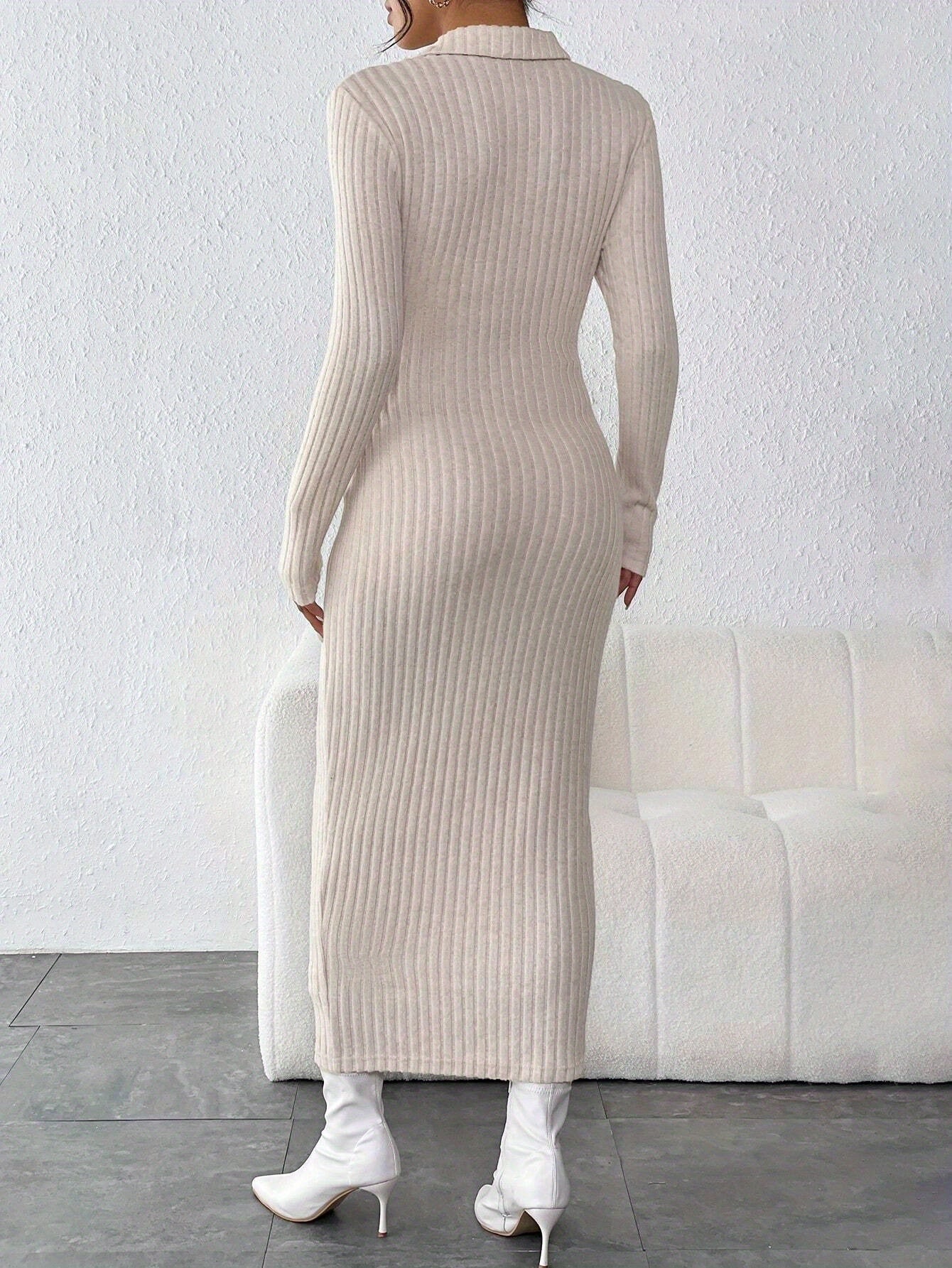 Elegant Ribbed Knit Bodycon Maternity Dress with Collar Detail