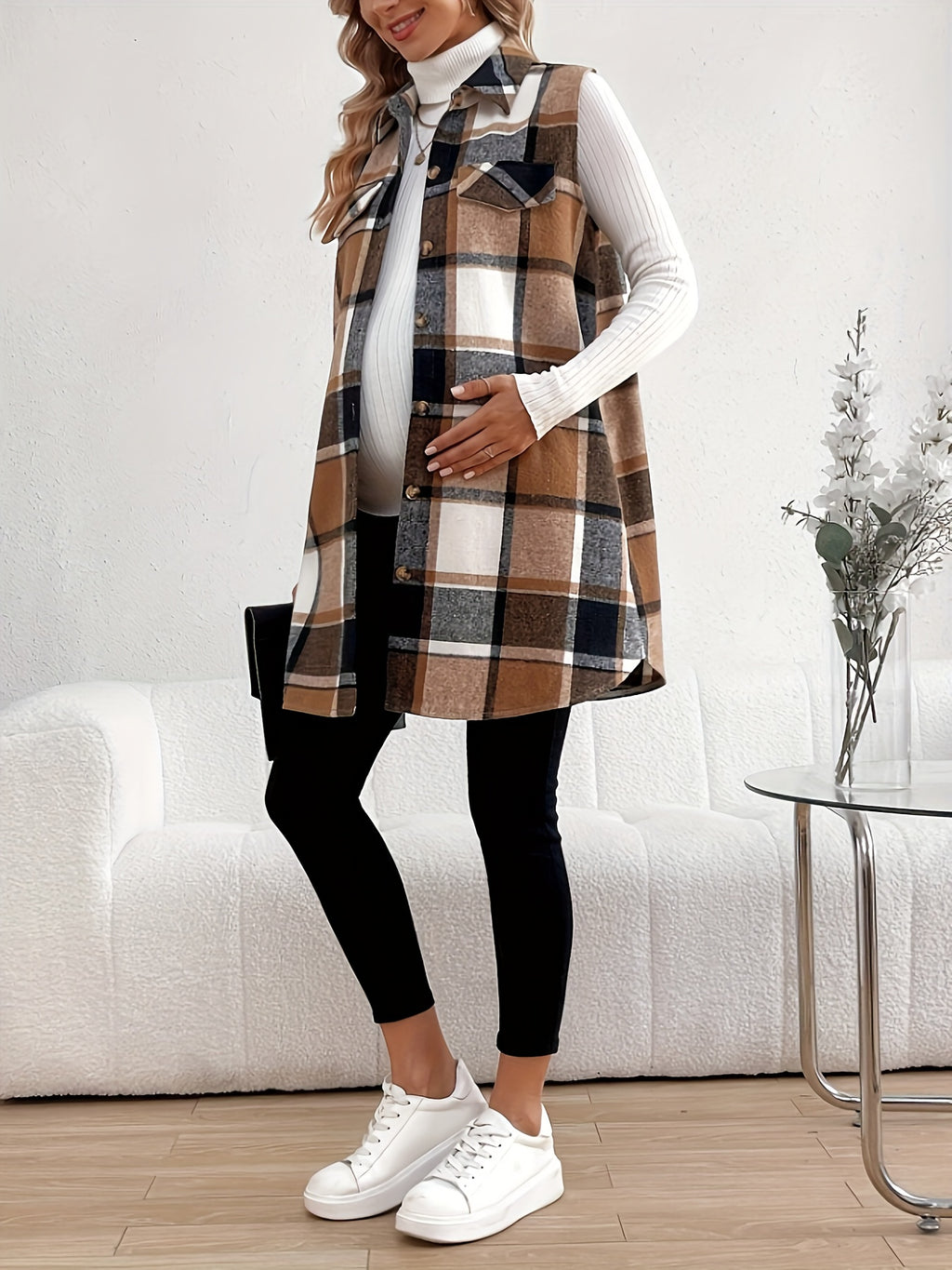 Maternity Plaid Vest Sleeveless Jacket