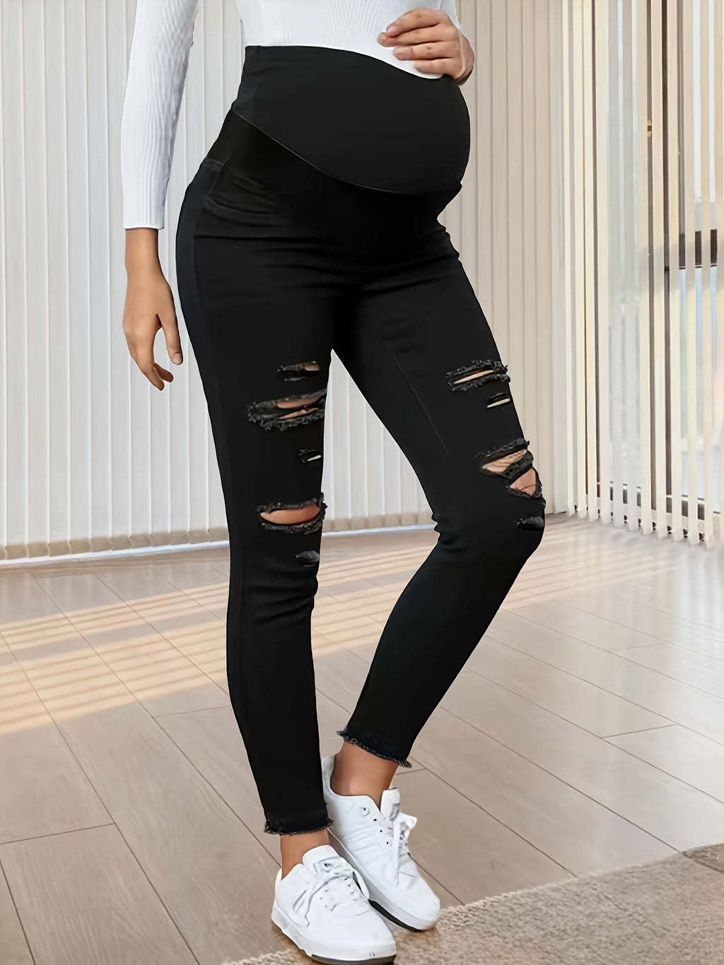 Maternity Ripped Jeans - High Waist Stretch Comfort