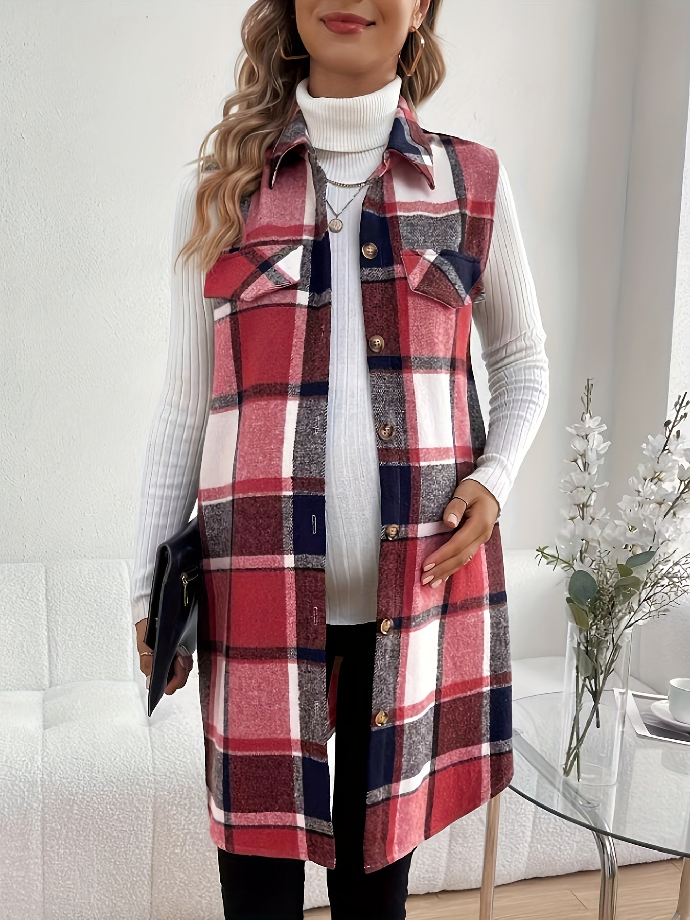 Maternity Plaid Vest Sleeveless Jacket