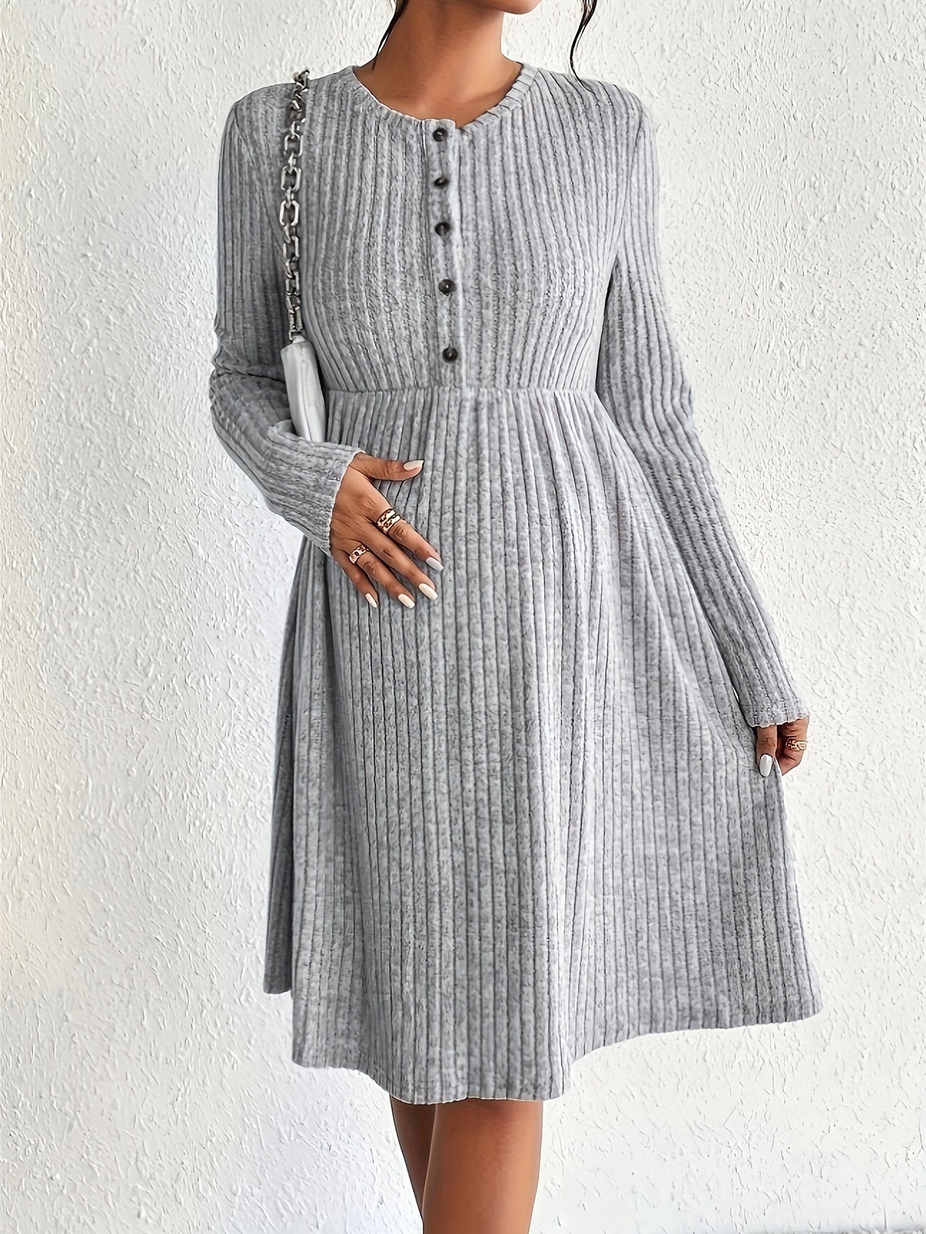 Maternity Dress: Long Sleeve, Ribbed Knit, A-line Skirt
