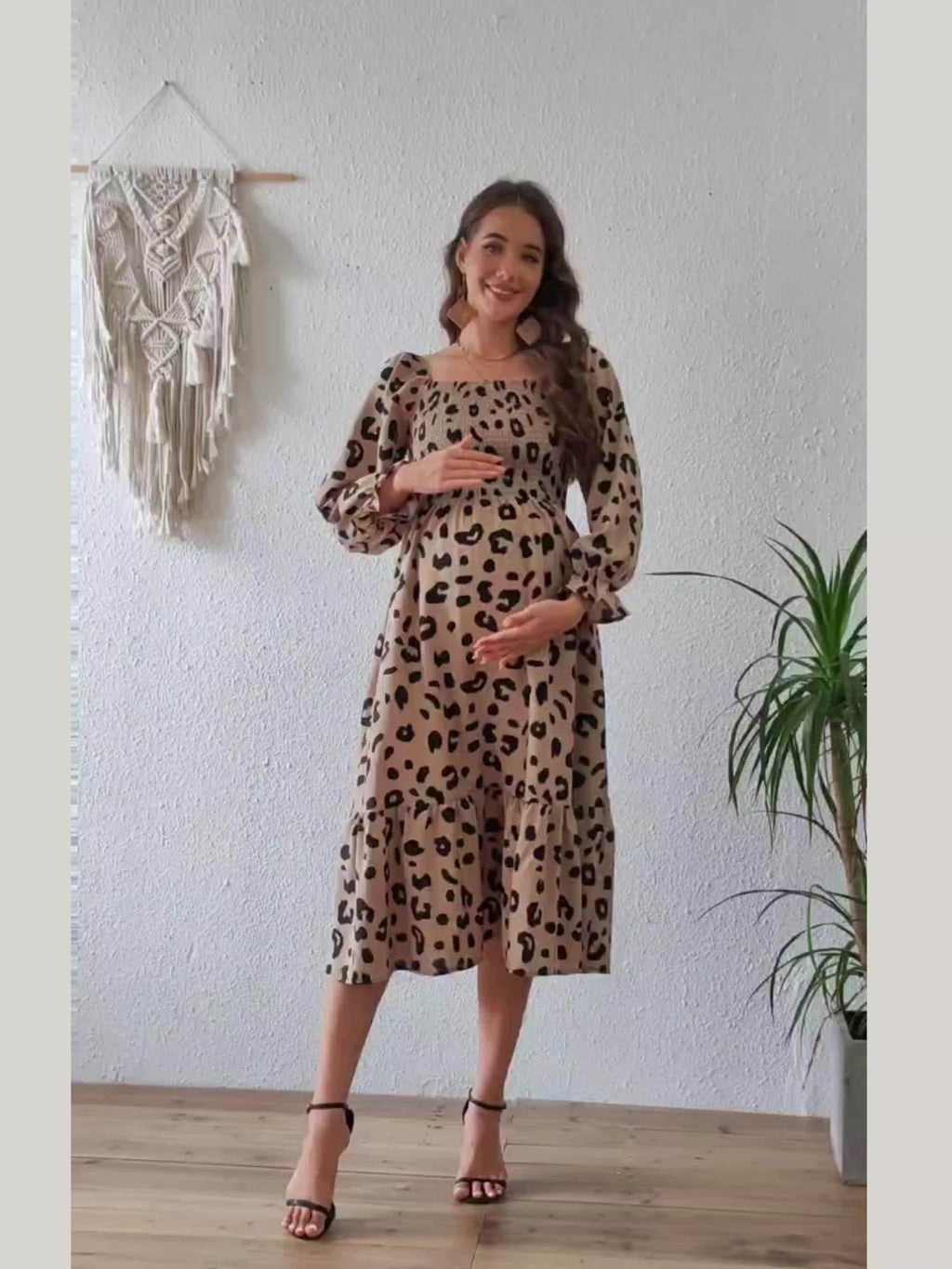 Elegant Leopard Print Maternity Dress - Square Neck
