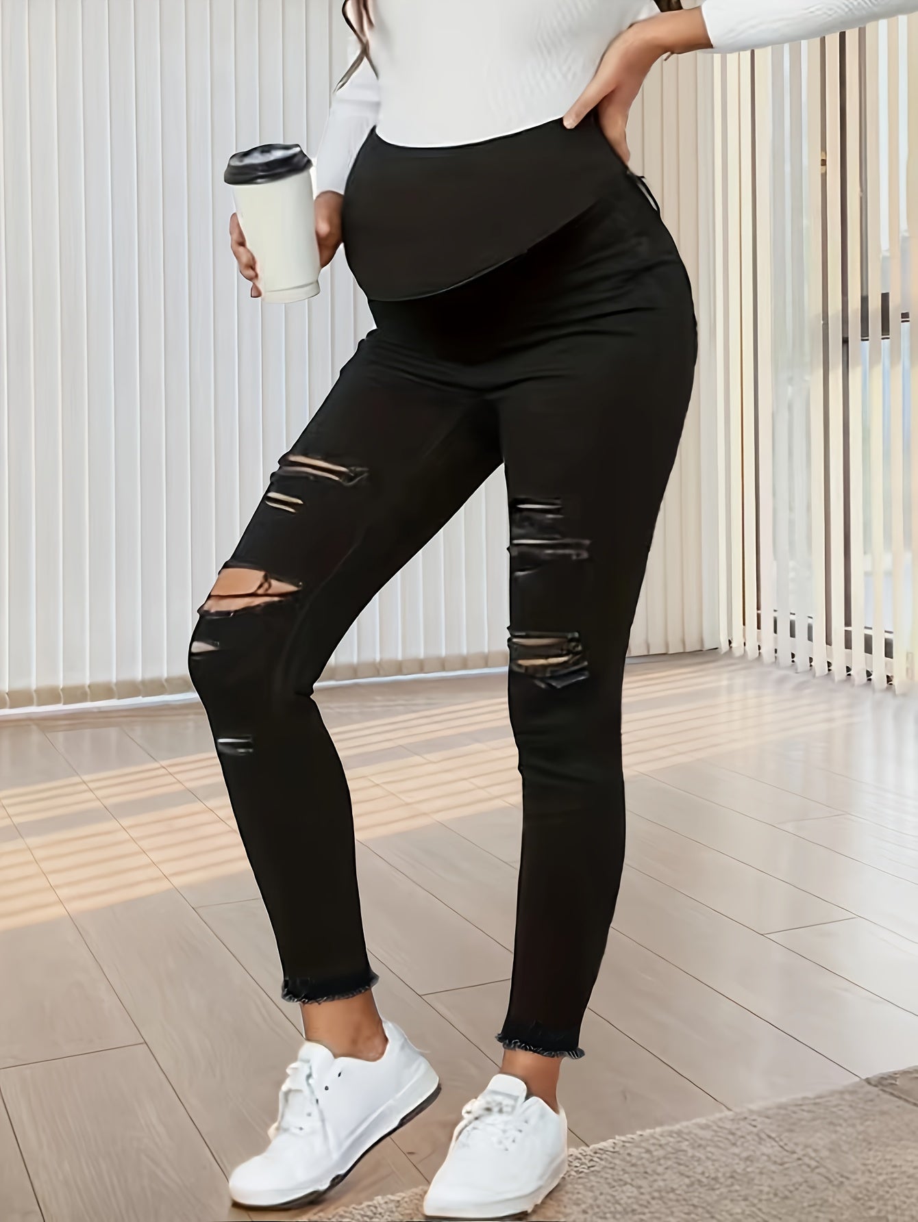 Maternity Ripped Jeans - High Waist Stretch Comfort