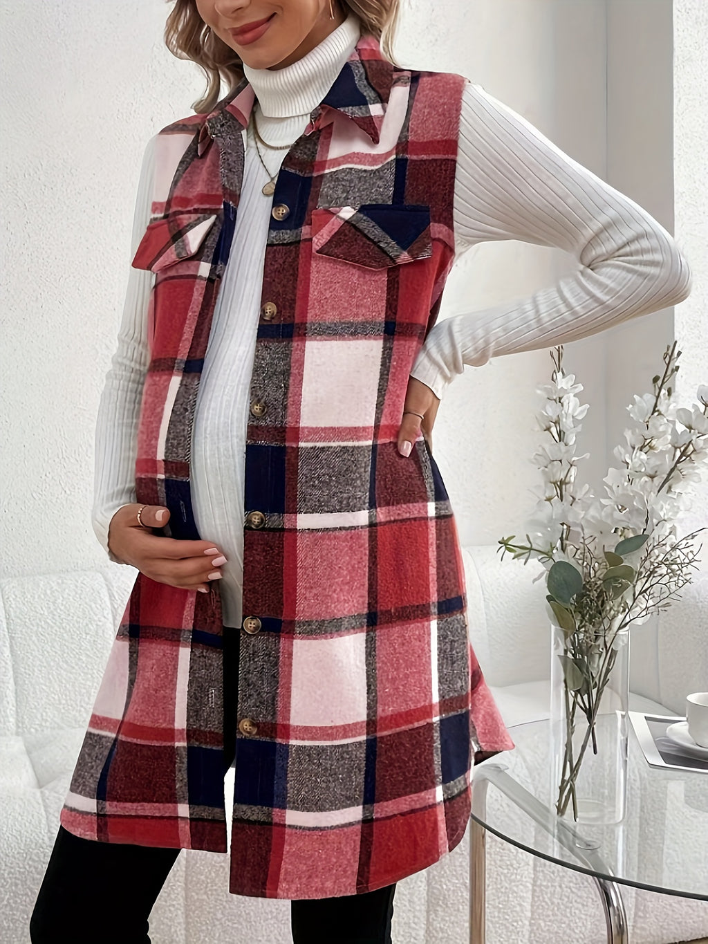 Maternity Plaid Vest Sleeveless Jacket