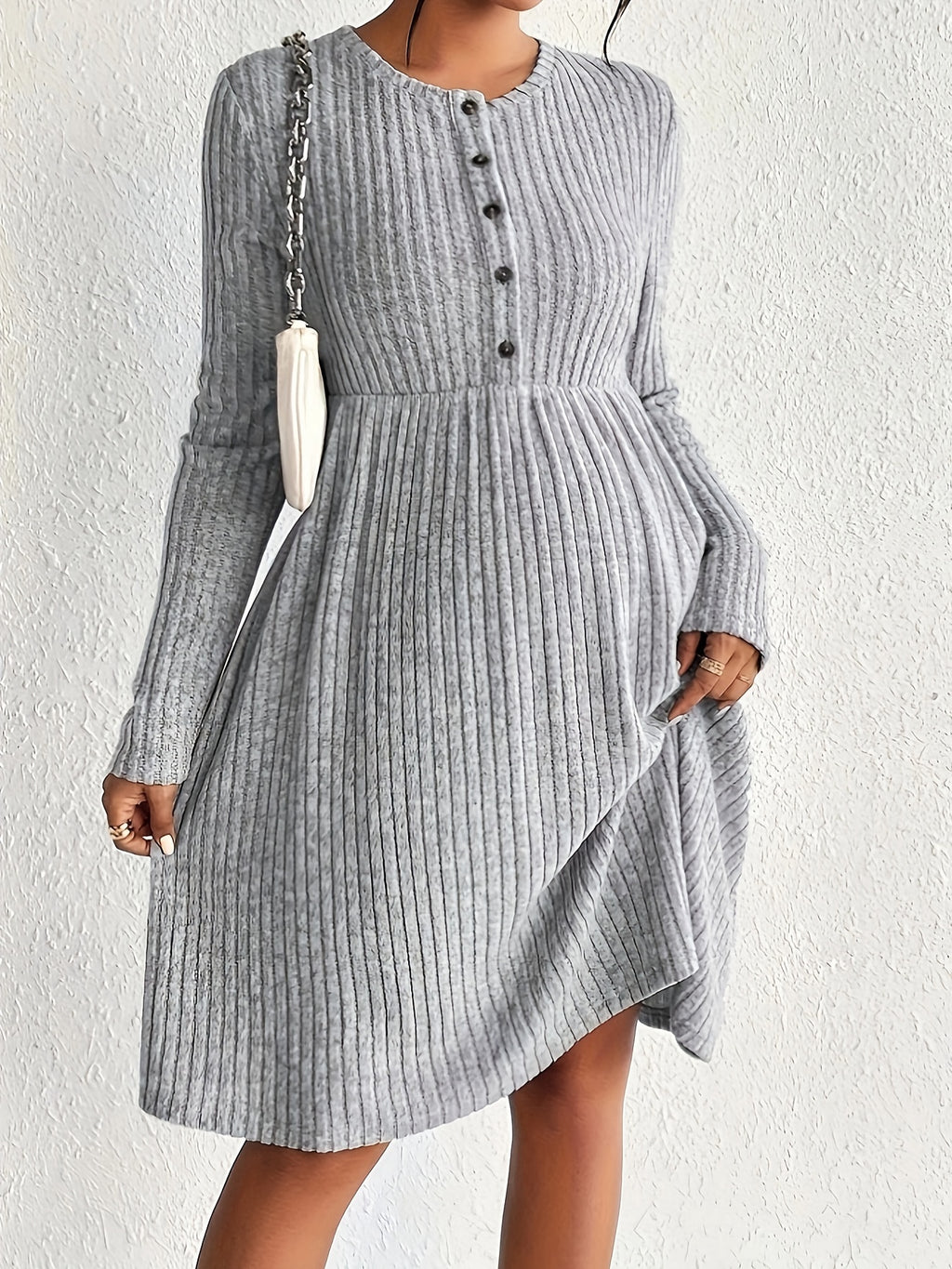 Maternity Dress: Long Sleeve, Ribbed Knit, A-line Skirt