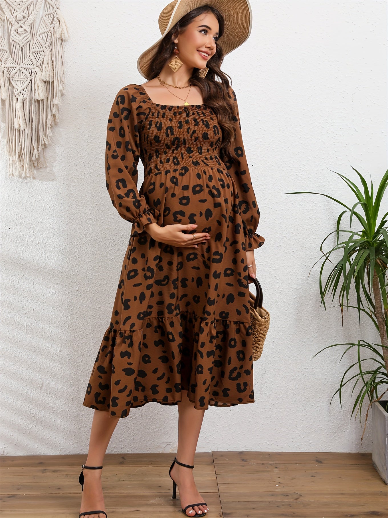 Elegant Leopard Print Maternity Dress - Square Neck